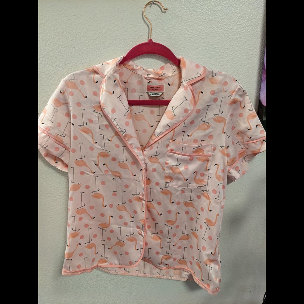 Kate Spade "Strut Your Stuff" Pink Flamingo Faux Satin Pajama Top